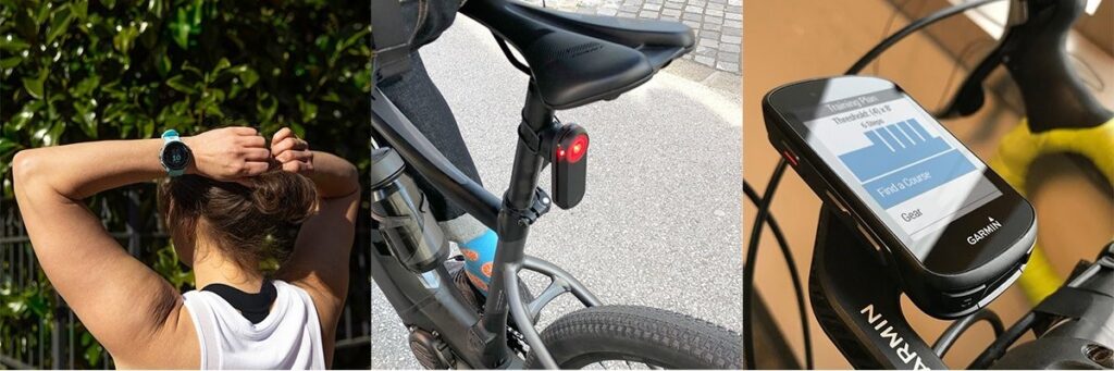 Picture of woman wearing smartwatch as well as Garmin biking radar and computer.