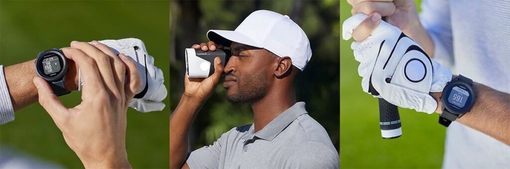 Picture of Garmin Approach golf watch and laser rangefinder.